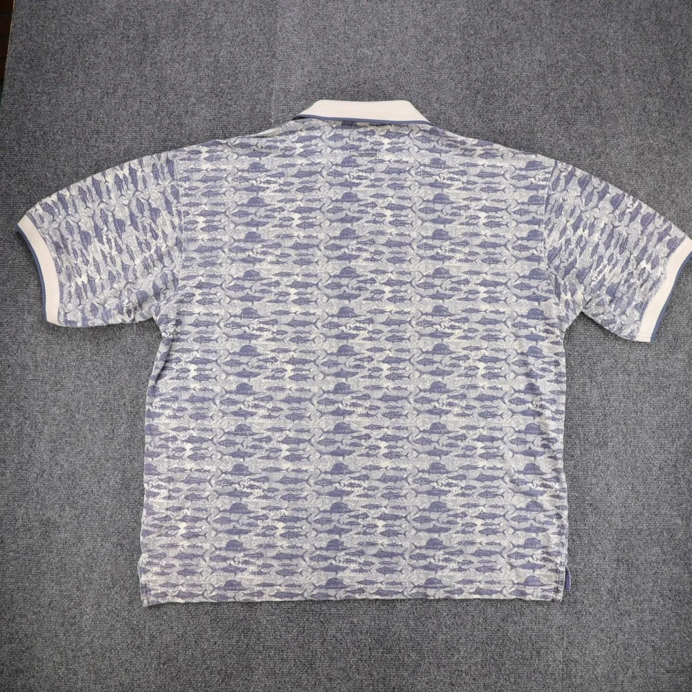 Columbia Mens XL Blue All Over Fish Print Polo Shirt‎ Cotton Short Sleeve